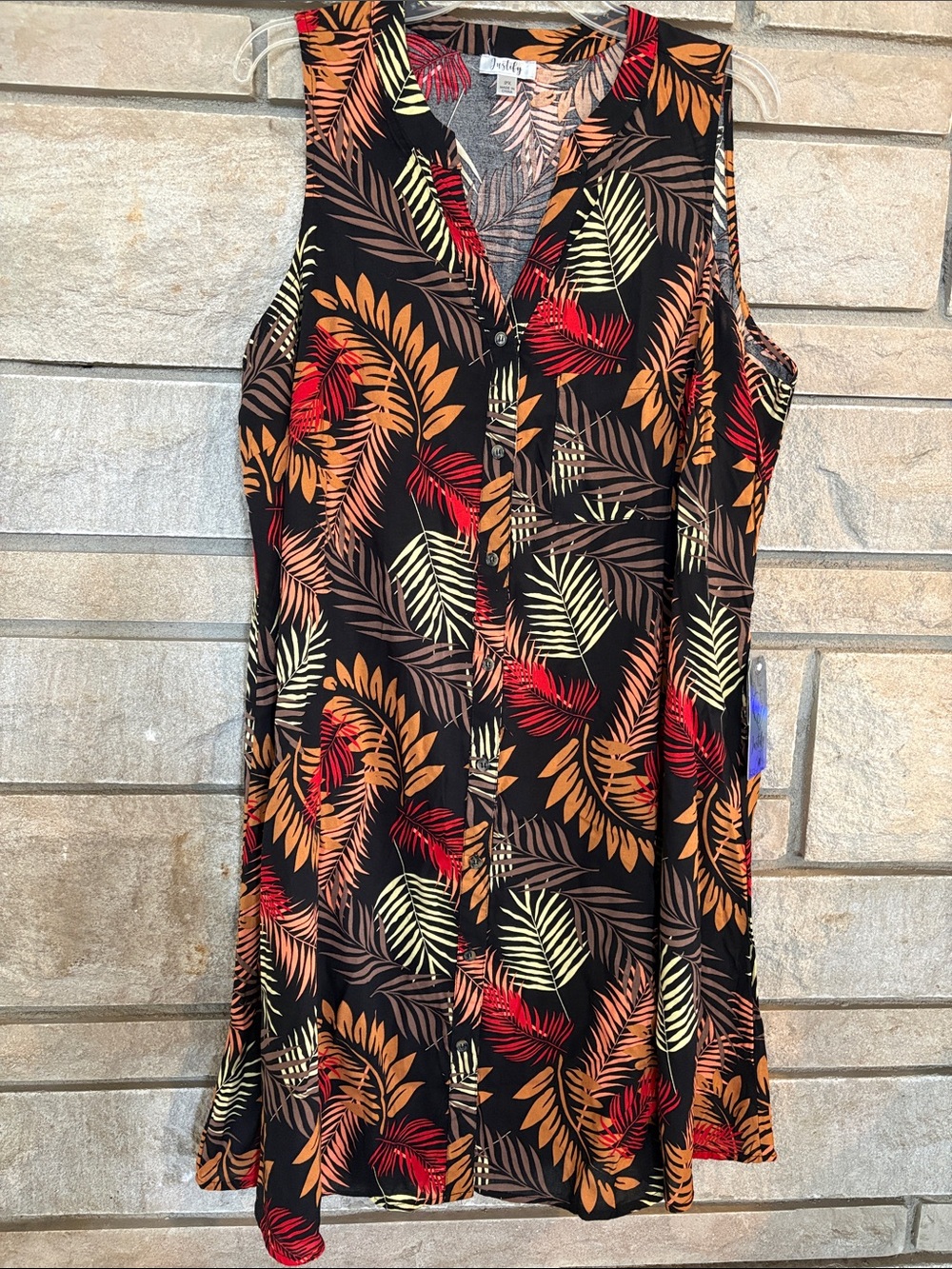 Justify Black Midi Dress with Red, Orange & Cream Leaf Print